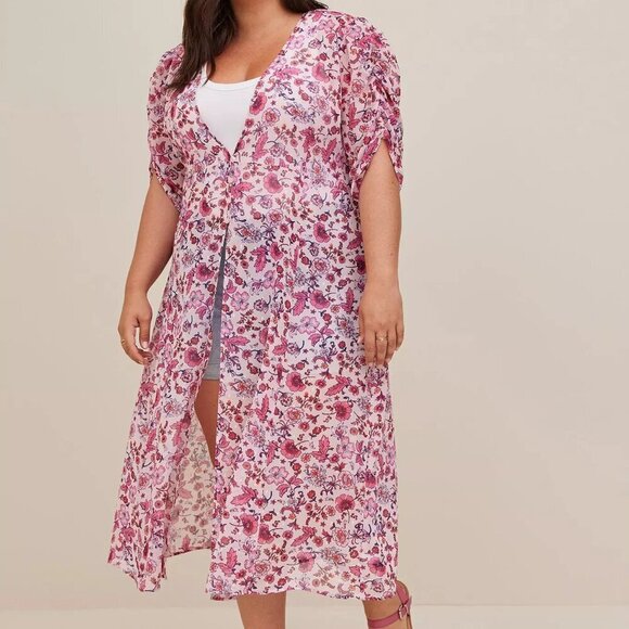 NWT Torrid Pink Floral Chiffon Ruched Sleeve Kimono in Size 2 (18/20) - Picture 3 of 15